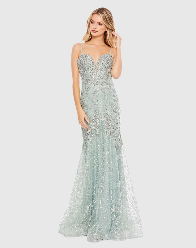 Beaded Dress Embellished Sleeveless Plunge Neck Trumpet Gown
