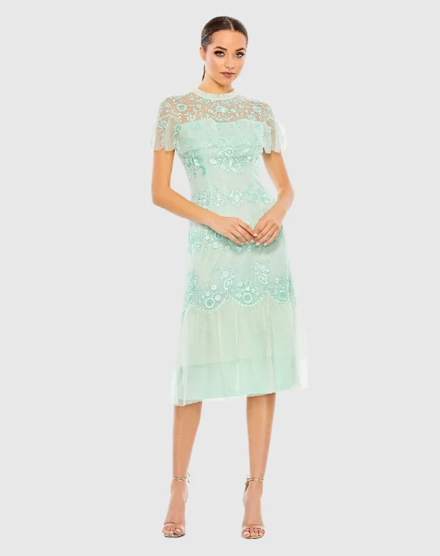 Chic Satin Dress Embroidered Ruffled Cap Sleeve Midi Dress