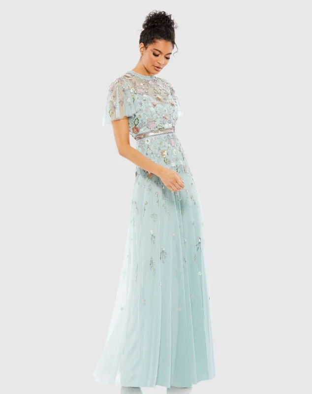 Long Sleeve Dress Embellished High Neck Butterfly Sleeve Gown