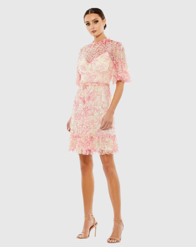 Ruched Velvet Dress Flounce Sleeve Floral Embellished Dress