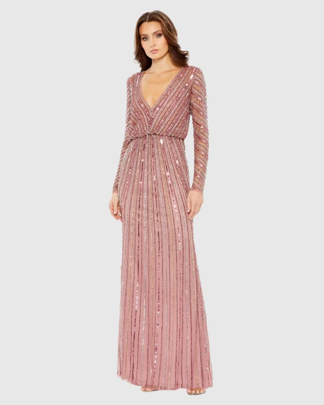 Sparkly Dress Sequined V Neck Long Sleeve Column Gown