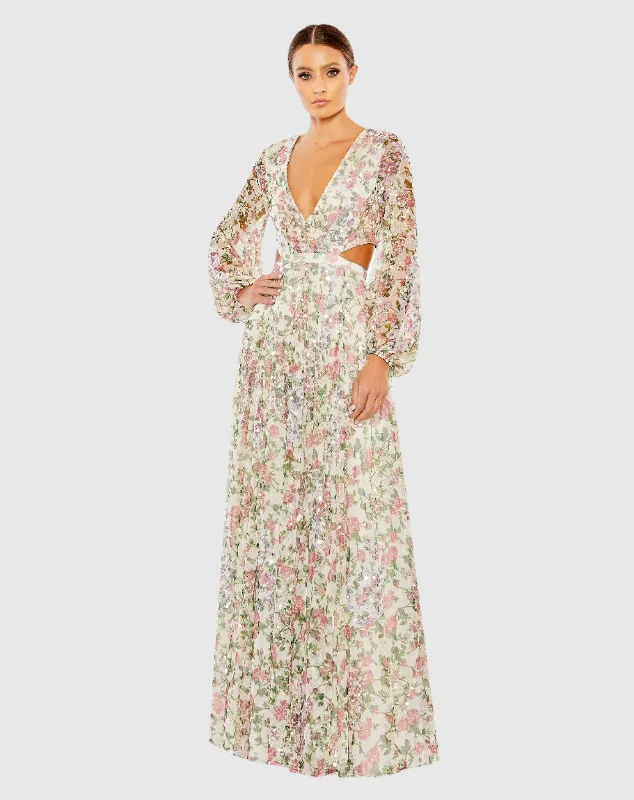 Ruffled Dress Sequined Floral Print Cut Out Lace Up Gown