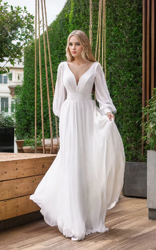 Sophisticated Gown Airy Elegant Chiffon A-Line Corset Wedding Dress Simple Modern Plunging Neckline Poet Sleeves Backyard Bridal Gown