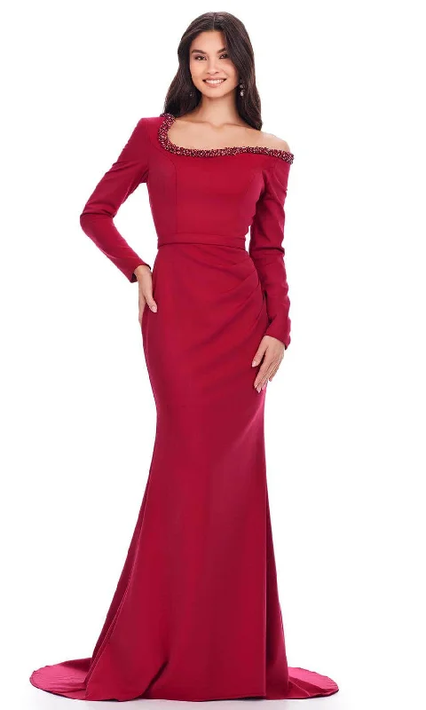 Lace Sleeves Dress Ashley Lauren 11450 - Beaded Trim Asymmetric Evening Gown