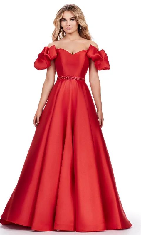 Asymmetrical Gown Ashley Lauren 11542 - Puff Off Shoulder Prom Dress