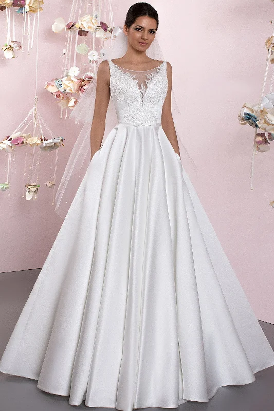 Timeless Satin Dress Ball-Gown Bateau Lace Sleeveless Floor-Length Satin Wedding Dress With Deep-V Back And Pleats-MK_700097 Timeless Satin Dress Ball-Gown Bateau Lace Sleeveless Floor-Length Satin Wedding Dress With Deep-V Back And Pleats-MK_700097