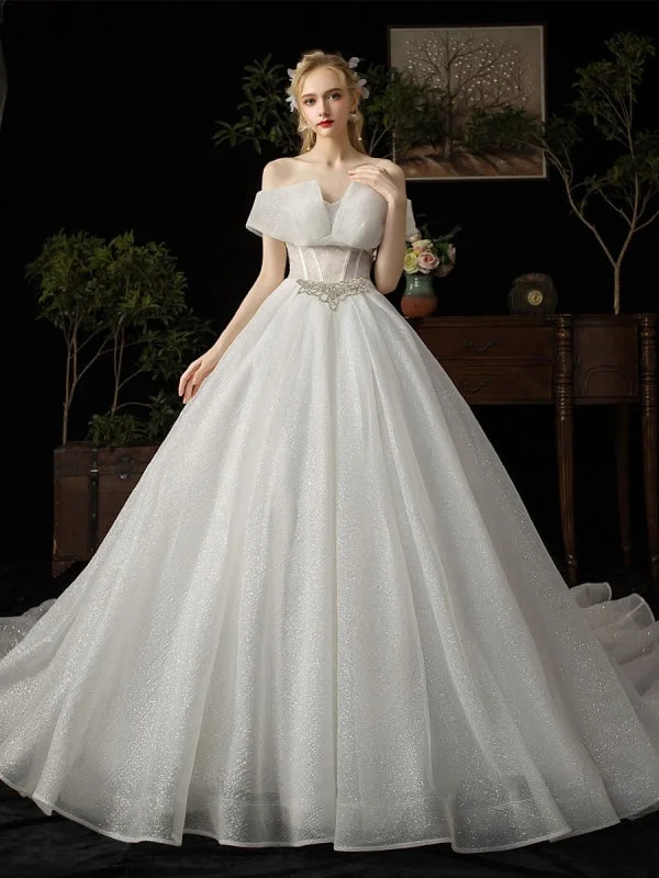 Subtle Shine Dress Ball Gown Wedding Dress 2021 Princess Silhouette Cathedral Train Off The-Shoulder Short Sleeves Natural Waist Beaded Sequined Bridal Dresses Subtle Shine Dress Ball Gown Wedding Dress 2021 Princess Silhouette Cathedral Train Off The-Shoulder Short Sleeves Natural Waist Beaded Sequined Bridal Dresses