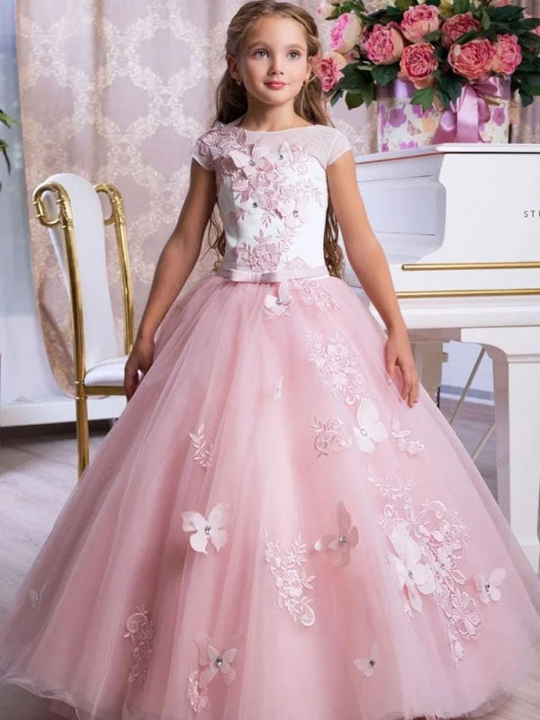 Ruffled Dress Bateau Neck Sleeveless Flower Girl Dresses Ankle Length Bows Sash Butterfly Kids Party Dresses