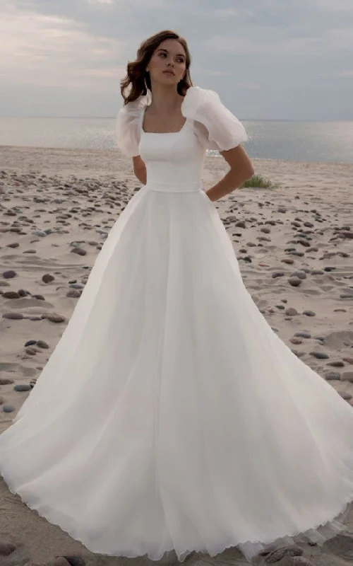 Red Carpet Dress Beach Modest Simple Puff Short Sleeves Wedding Dress Princess Minimalist A-Line Tulle Satin Bridal Gown with Train Red Carpet Dress Beach Modest Simple Puff Short Sleeves Wedding Dress Princess Minimalist A-Line Tulle Satin Bridal Gown with Train