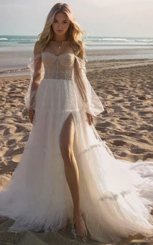 Fancy Embellished Dress Beach Off-the-Shoulder A-Line Tulle Wedding Dress Sexy High Split Front Sweetheart Neckline Low Back Bridal Gown