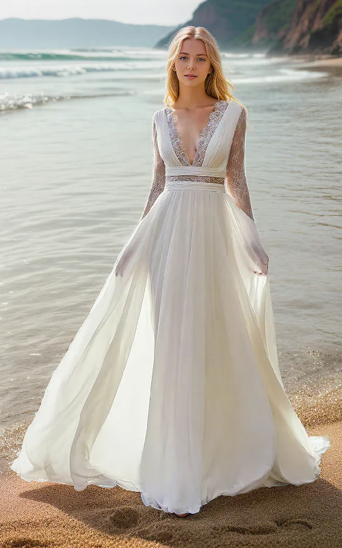 Sparkly Mermaid Dress Beach Sexy Boho A-Line V-Neck Sleeved Wedding Dress Elopement Elegant Floral Chiffon Floor-Length Bridal Gown with Button Back Sparkly Mermaid Dress Beach Sexy Boho A-Line V-Neck Sleeved Wedding Dress Elopement Elegant Floral Chiffon Floor-Length Bridal Gown with Button Back