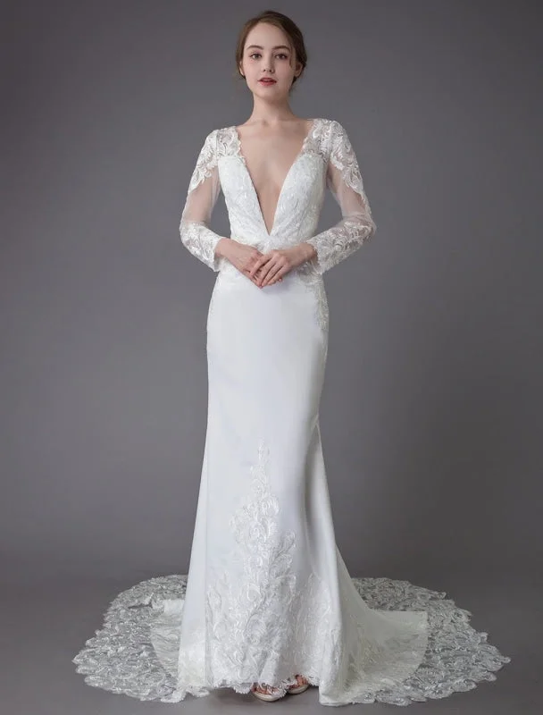 Maxi Formal Dress Beach Wedding Dresses Ivory Lace V Neck Long Sleeve Mermaid Bridal Gown With Train Exclusive