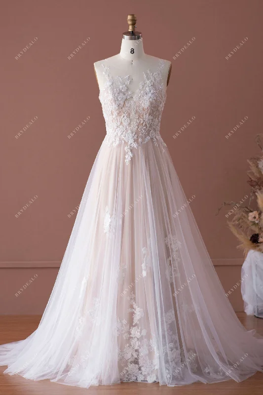 Whimsical Evening Gown Romantic Beaded Lace Illusion Neck Nude Beige Wedding Dress Whimsical Evening Gown Romantic Beaded Lace Illusion Neck Nude Beige Wedding Dress