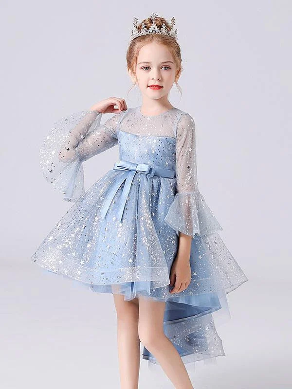Stunning Silk Gown Blue Hi-Lo Flower Girl Dresses Jewel Neck 3/4 Puffy Sleevess Formal Kids Pageant Dresses