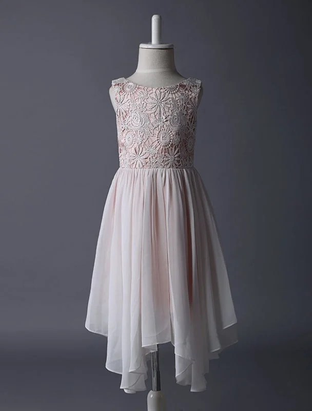 Show-Stopping Evening Gown Boho Blush Pink Flower Girl Dress Tea Length Lace Chiffon Kids Party Dresses