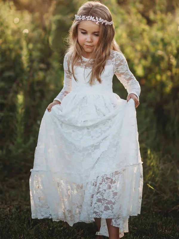 Halter Gown Boho Long Sleeves Lace Kids Social Party Dresses Flower Girl Dresses Jewel Neck