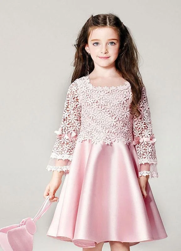 Formal Attire Boho Princess Lace Satin Bell Long Sleeve Flowers Knee Length Pageant Skater Dress