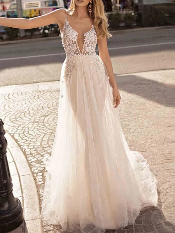 Couture Gown Boho Wedding Dress 2021 A Line V Neck Straps Sleeveless Tulle Beach Bridal Gowns