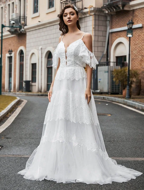 Polished Formal Dress Boho Wedding Dress Lace A-Line V-Neck Natural Waistline Beaded Wedding Gown Polished Formal Dress Boho Wedding Dress Lace A-Line V-Neck Natural Waistline Beaded Wedding Gown