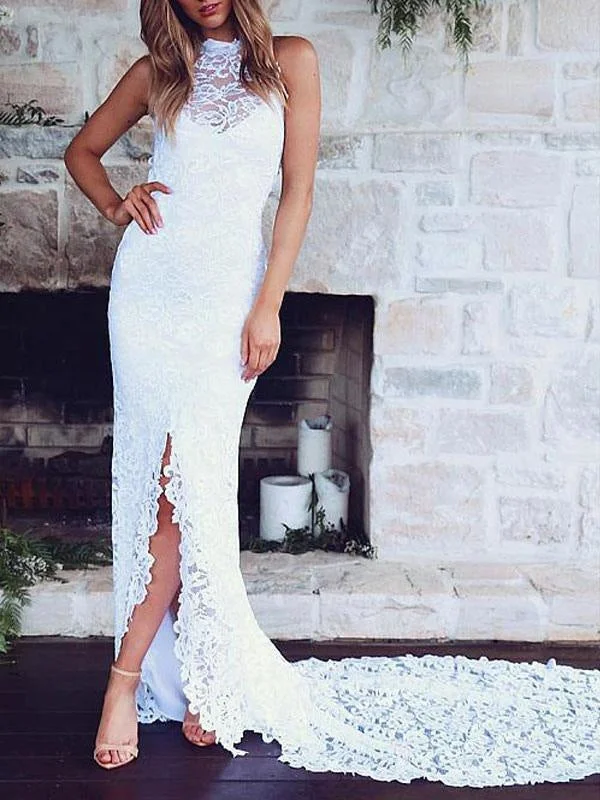Red Carpet Dress Boho Wedding Dress Mermaid High Cpllar Halter Sleeveless With Train Split Lace Bridal Dress Red Carpet Dress Boho Wedding Dress Mermaid High Cpllar Halter Sleeveless With Train Split Lace Bridal Dress