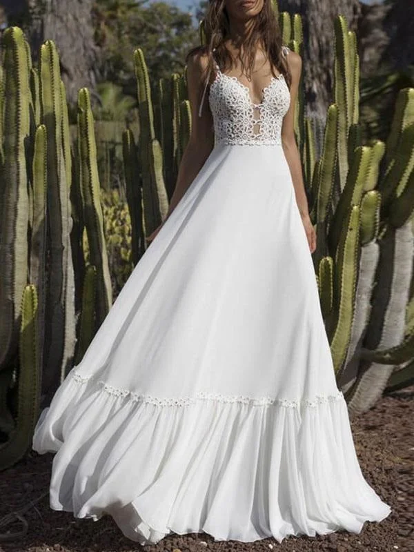 Delicate Lace Dress Boho Wedding Dresses 2021 Chiffon V Neck A Line Straps Sleeveless Bows Lace Bridal Gowns Ruffle Hem Bridal Dress For Beach Wedding Delicate Lace Dress Boho Wedding Dresses 2021 Chiffon V Neck A Line Straps Sleeveless Bows Lace Bridal Gowns Ruffle Hem Bridal Dress For Beach Wedding