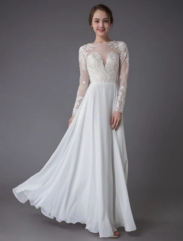 Chic Formal Gown Boho Wedding Dresses Chiffon Jewel Long Sleeve Pleated A Line Beach Bridal Gowns Exclusive Chic Formal Gown Boho Wedding Dresses Chiffon Jewel Long Sleeve Pleated A Line Beach Bridal Gowns Exclusive