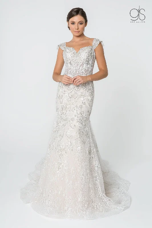 Sparkly Dress Bridal Long Gown Cap Sleeve Wedding Dress Sale