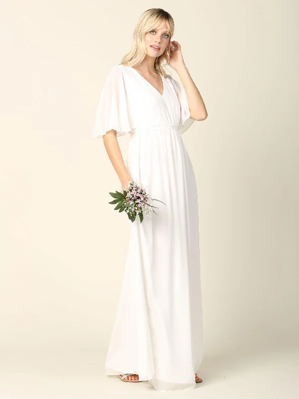 Rhinestone Embellished Dress Bridal Long Gown Flutter Sleeve Wedding Dress
