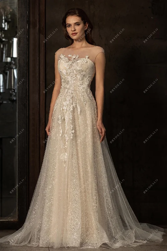 Empire Waist Gown Sheer Cap Sleeve Beautiful Sequined Lace A-line Wedding Dress