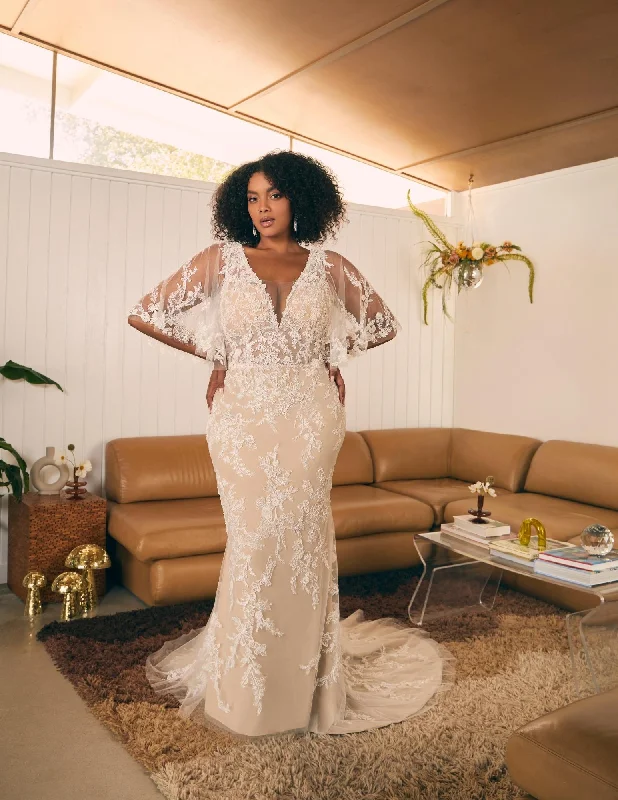 Lace Sleeves Dress Casablanca BL400C fit and flare feminine floral over lace beaded sequin exposed bodice flutter sleeve long wedding gown Lace Sleeves Dress Casablanca BL400C fit and flare feminine floral over lace beaded sequin exposed bodice flutter sleeve long wedding gown