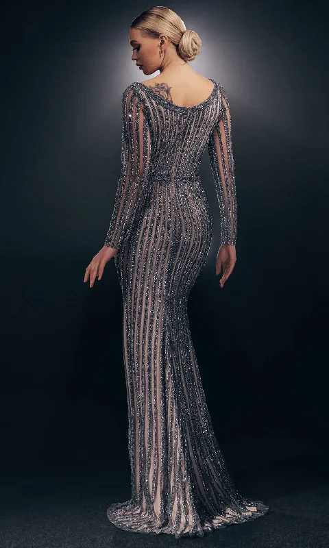 Organza Dress Chic and Holland HF110096 - Stripe Beaded Evening Gown
