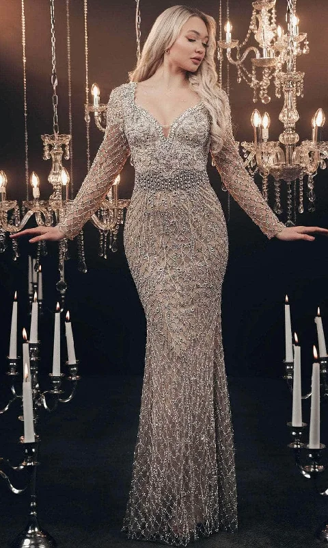 Taffeta Dress Chic and Holland HF110104 - Long Sleeve Beaded Evening Gown