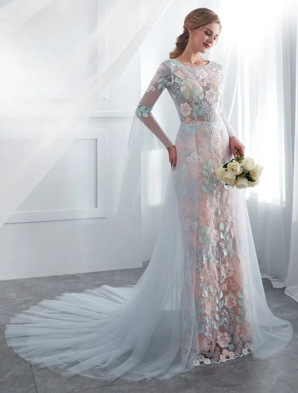 Cinderella Style Dress Colored Wedding Dresses Baby Blue Lace Long Sleeve Bridal Dress With Train Cinderella Style Dress Colored Wedding Dresses Baby Blue Lace Long Sleeve Bridal Dress With Train