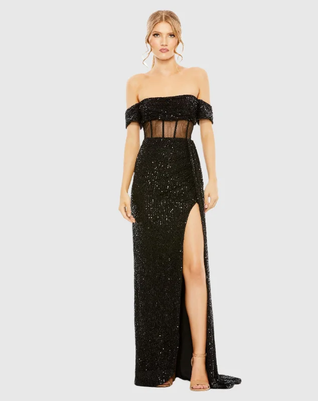 Princess Ball Gown Sequined Gown with Sheer Corset Waist and Slit