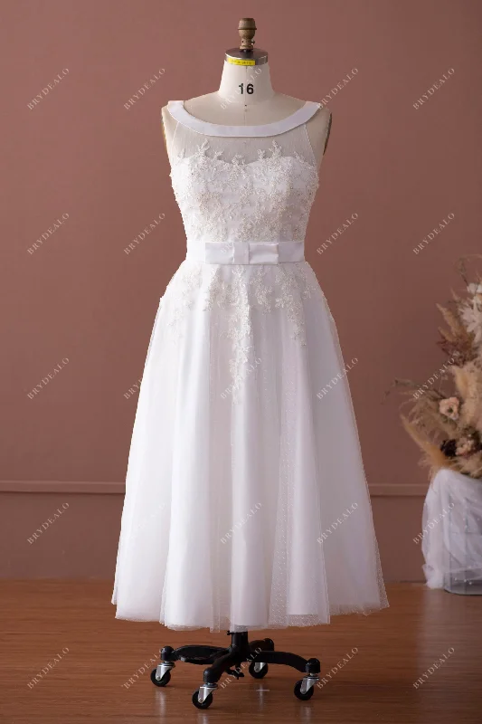 Delicate Lace Dress Cute Hollywood Tea Length Lace Wedding Dress