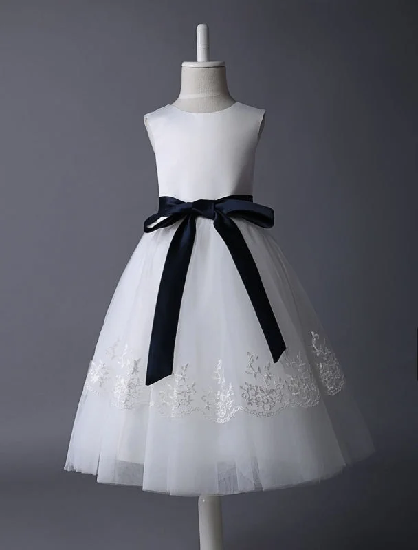 Lace Dress Cute Ivory Tulle Flower Girl Dress With Lace Appliques with Navy Blue Sash