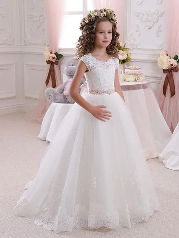 Polished Formal Dress Cute Short Sleeves Flower Girl Dresses Soft Lace Aline Kids Princess Dresses