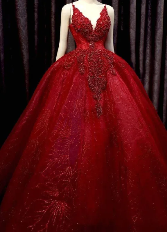Full Skirt Dress Deep red sparkle beaded thin strap V neck ball gown wedding dress with bow back fg777 Full Skirt Dress Deep red sparkle beaded thin strap V neck ball gown wedding dress with bow back fg777