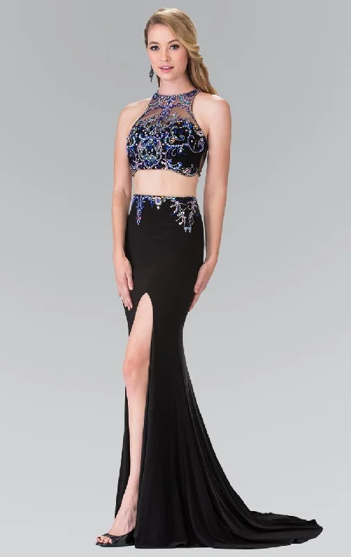 Floral Embroidery Dress Elizabeth K - GL2277 Beaded Halter Neck Rome Jersey Trumpet Gown