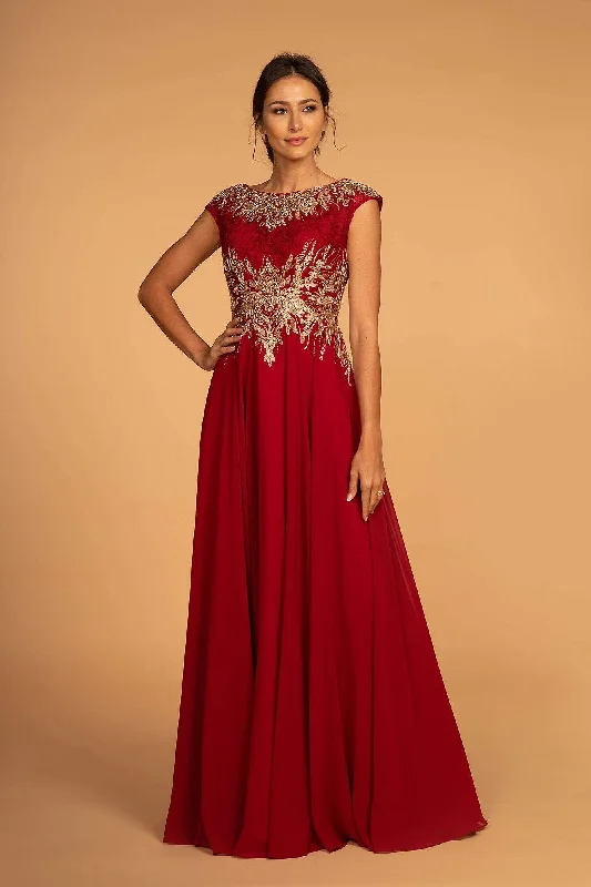 Luxe Satin Dress Elizabeth K - GL2519 Lace Embroidered Bateau Chiffon A-line Dress
