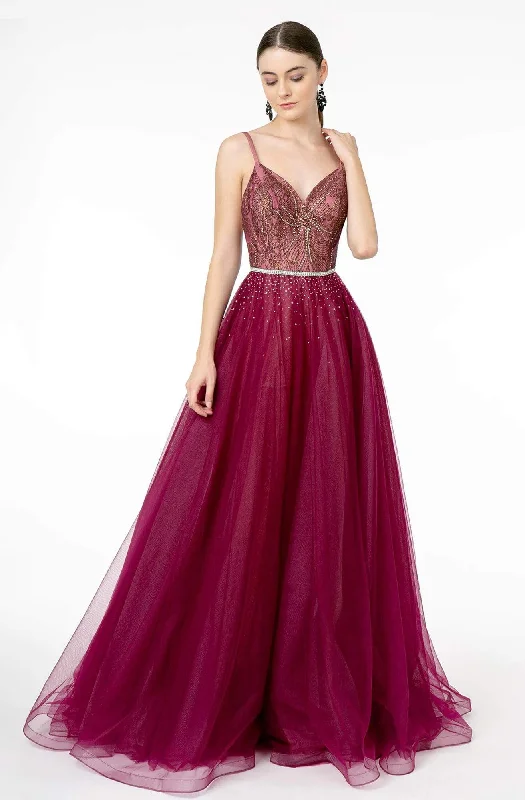 Formal Red Dress Elizabeth K - GL2991 Embellished Deep V-Neck A-Line Dress