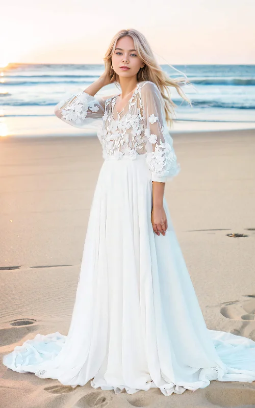 Empire Waist Gown Ethereal Floral Beach A-Line Bohemian 3D Lace Flower Wedding Dress with Sleeves Modest Elegant Court Train Bridal Gown Empire Waist Gown Ethereal Floral Beach A-Line Bohemian 3D Lace Flower Wedding Dress with Sleeves Modest Elegant Court Train Bridal Gown