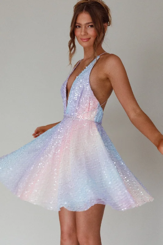 Glittering Evening Gown Floating By Plunging Neckline Mini Dress Sequin Rainbow