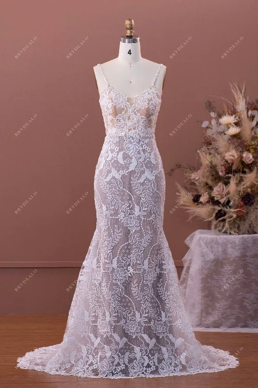 Draped Satin Gown Romantic Flower Straps Lace Nude Beige Mermaid Wedding Dress