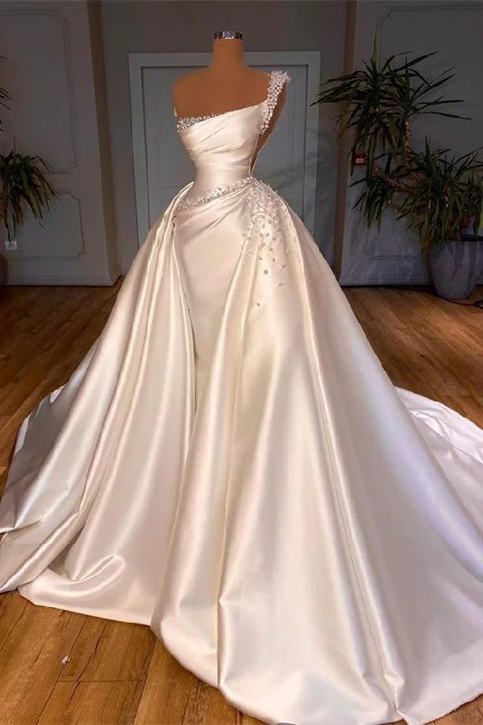 Fancy Evening Dress Glamorous One Shoulder Pearl Wedding Dress Overskirt Bridal Gowns fg712 Fancy Evening Dress Glamorous One Shoulder Pearl Wedding Dress Overskirt Bridal Gowns fg712