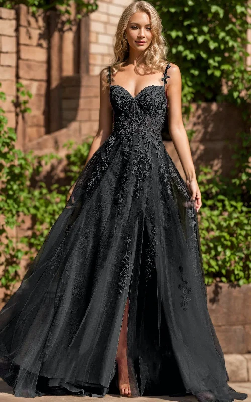 Bold Print Formal Dress Gothic Floral Black Boho Lace A-Line Wedding Dress with Spaghetti Straps and Split Front Bold Print Formal Dress Gothic Floral Black Boho Lace A-Line Wedding Dress with Spaghetti Straps and Split Front