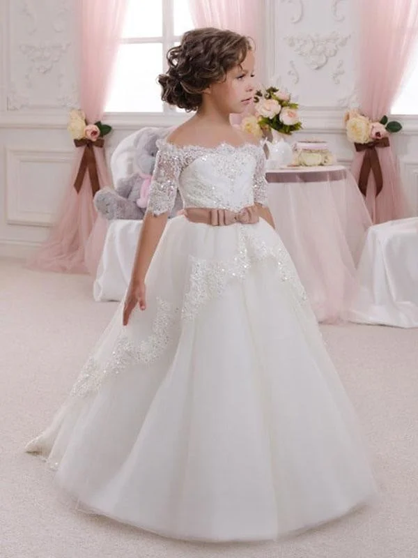 Silk Ball Gown Half Sleeves White Tulle Lace Flower Girl Dresses Bateau Beads Princess Pageant Dresses for Kids