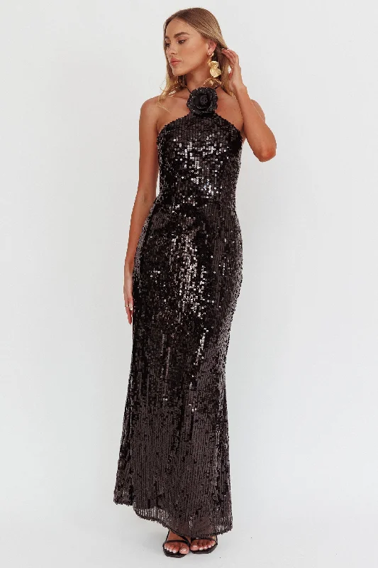 Sequin Maxi Dress High Roller Flower Decoration Halter Dress Sequin Black