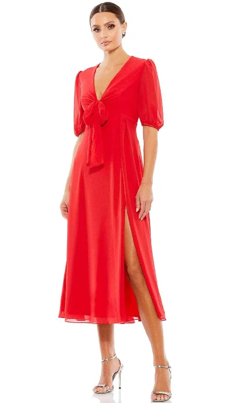 Ruched Satin Dress Ieena Duggal 55627 - Deep V-Neck Bow Accent Formal Dress