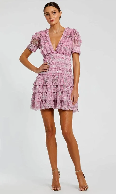 Structured Evening Gown Ieena Duggal 8092 - Ruffled Frill Puff Sleeve Cocktail Dress